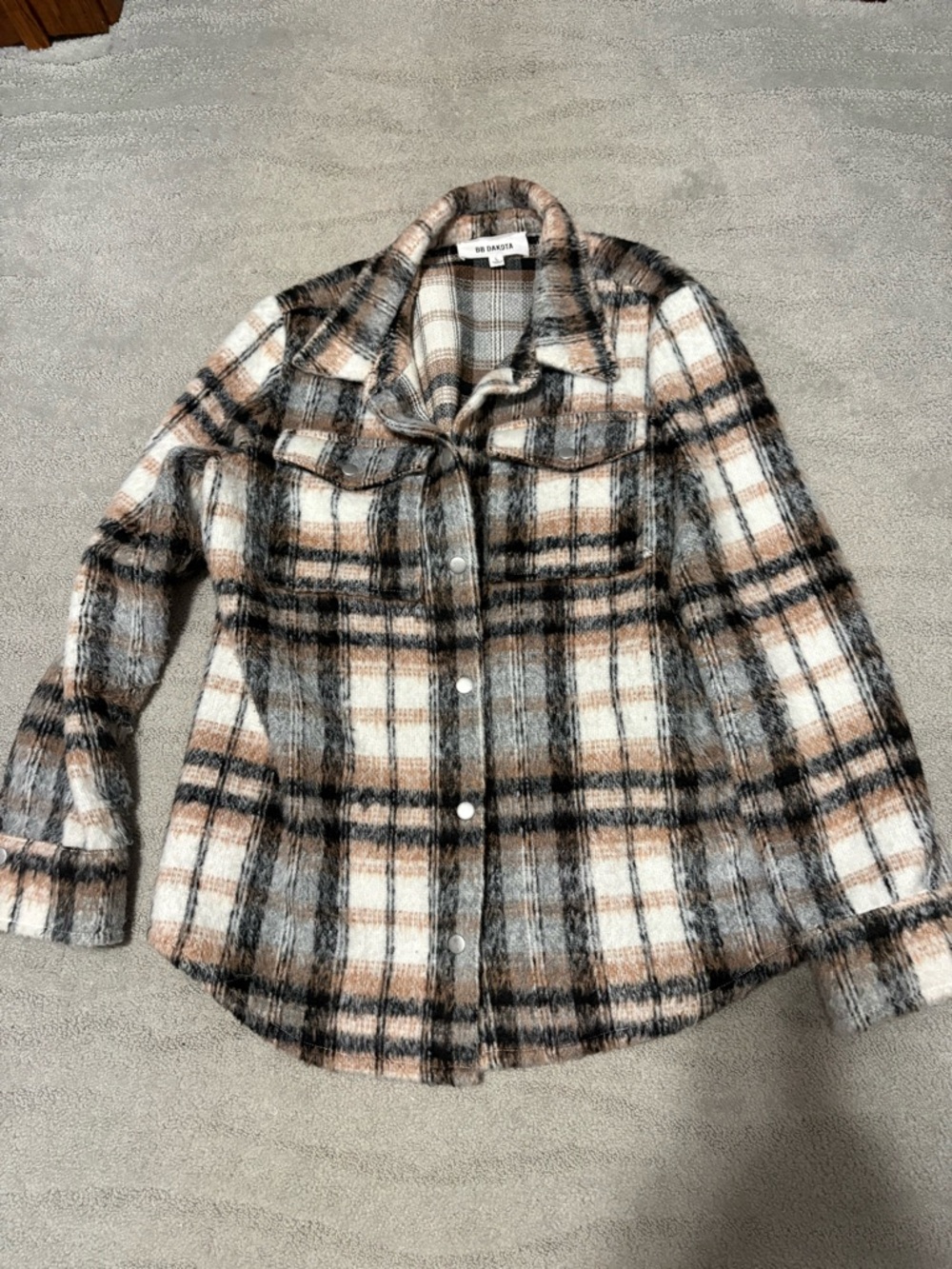 BB Dakota Plaid Button-Down Shacket in Cream, Brown & Black